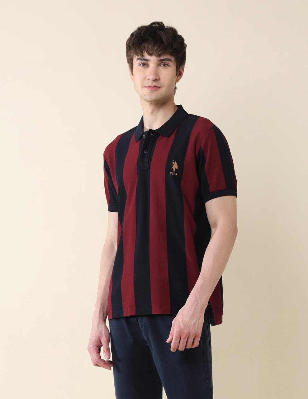Vertical Striped Pure Cotton Gold Cup Polo Shirt