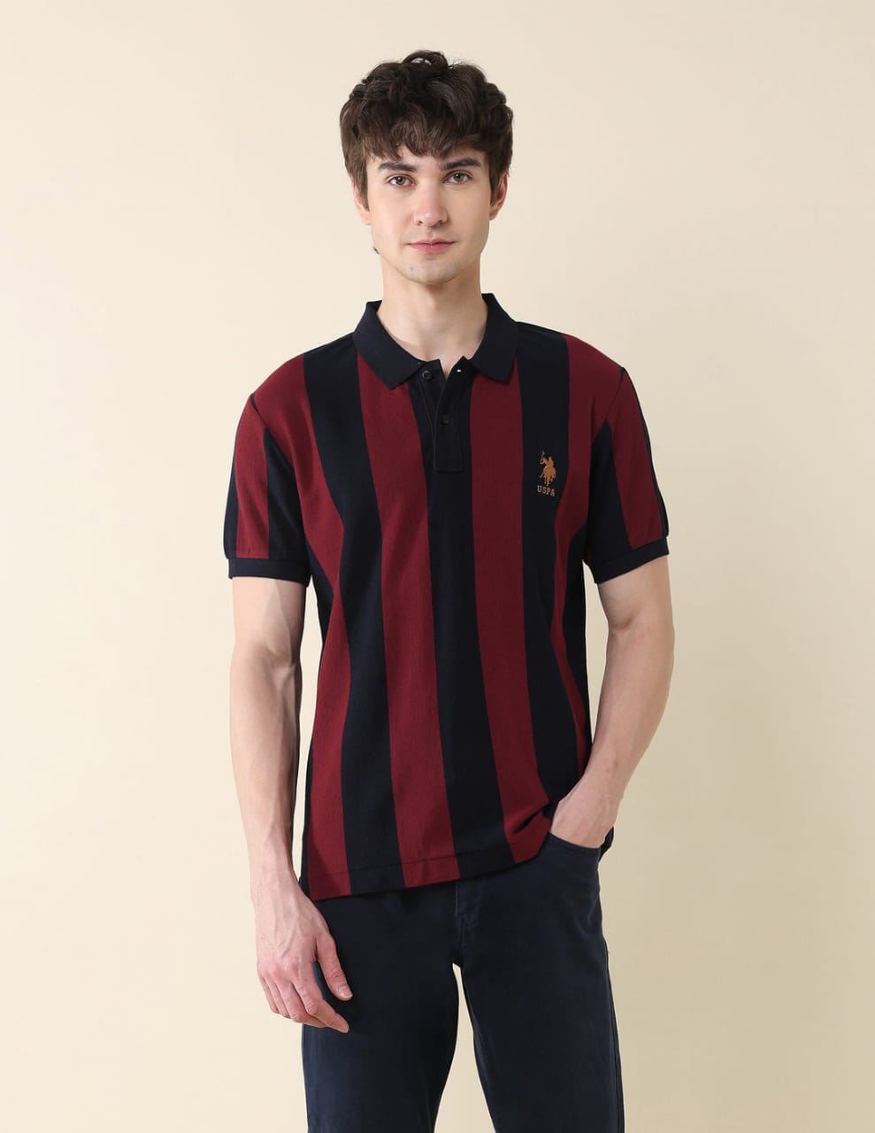 Vertical Striped Pure Cotton Gold Cup Polo Shirt